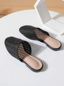 方头镂空编织拖鞋，女士夏季户外平底拖鞋，百搭时尚 - 黑色 - 查看 5