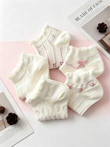 5 Packs Of Sweet Ruffled Bow Socks, Cute Ruffled Socks, Perfect For Everyday Casual Wear, Preppy Style Socks. - Multicolor - View 9