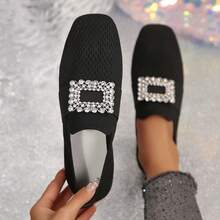 Women's Casual Flat Shoes With Rhinestone Buckle, Elastic Ankle, Soft & Comfortable, Versatile Fashion Sneakers For Spring & Autumn - Black - View 11