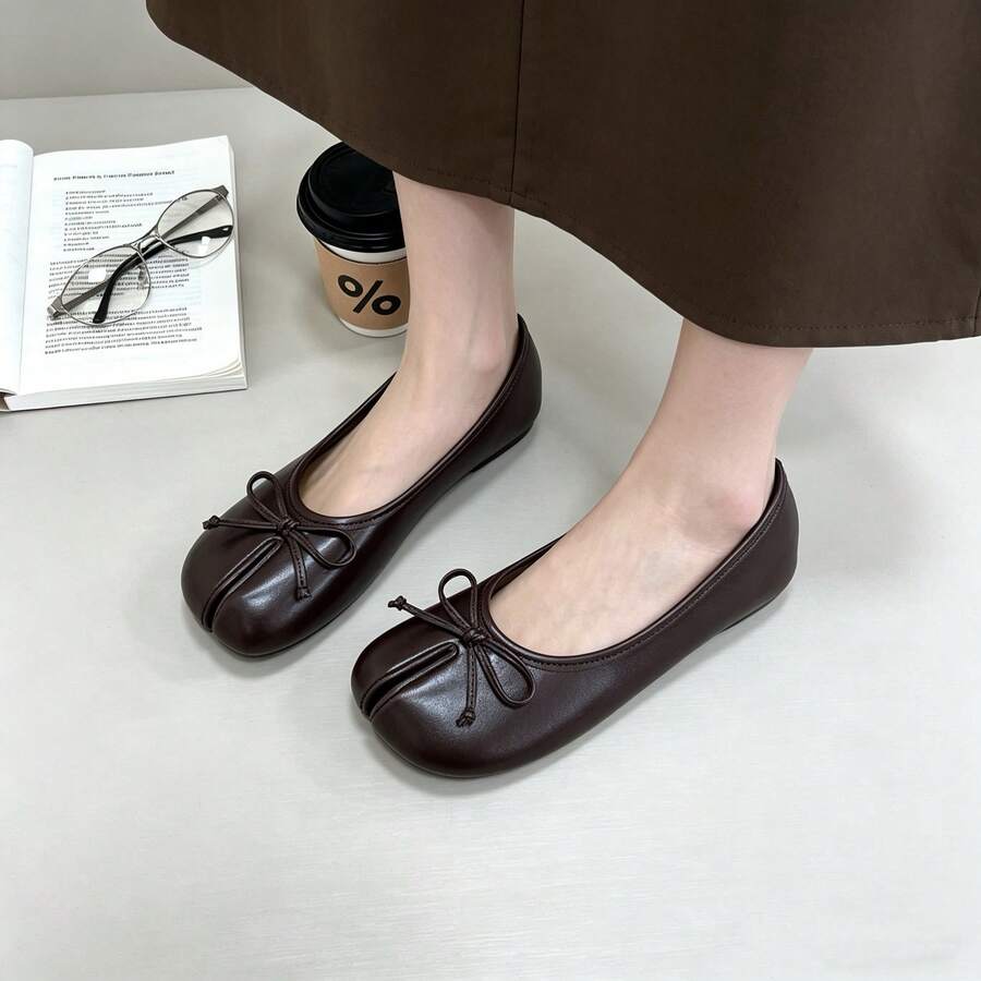 Women's Coffee Color Bow-Tie Round Toe Flat Slippers - Casual Style, Suitable For Office, Outdoor And Spring/Summer Wear - Coffee-colored [bow] - View 1