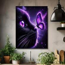 Gato y mariposa - Kit de pintura de arte de diamante 5D, arte de diamante completo redondo, amigable para principiantes, adecuado para decoración de paredes en casa o en la oficina, disponibles varios s de lienzo, regalo perfecto para Halloween y Navidad. - Enmarcado - Ver 4