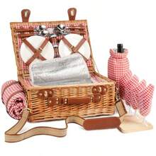 Juego de cesta de picnic de mimbre para 4 personas con compartimento refrigerador y manta impermeable de picnic correa extraíble bolsa de vino juego de cubiertos para camping viajes de día playa - Rojo - Ver 9