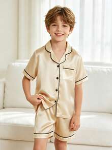 Tween Boy Champagne Gold Lapel Neck Short Sleeve Single-Breasted Top And Shorts 2-Piece Casual Pajama Set - Champagne - View 3