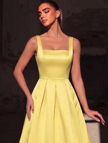 Faeriesty Elegant Jade Green Sleeveless Long Evening Dress, Made Of Luxurious Non-Stretch Satin Fabric, Square Neckline Spaghetti Strap Design, Back Slit, Suitable As Bridesmaid Dress - Yellow - View 4
