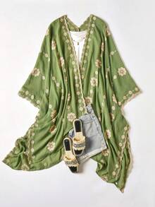 1 chiếc Kimono/Sarong phong cách Bohemian thêu hoa trang nhã, áo choàng đi biển mùa xuân/hè dành cho nữ, khăn choàng nhẹ, phụ kiện thời trang đa năng, quà tặng sang trọng. - màu xanh lá - Xem 5