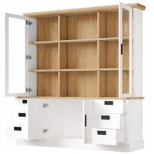 Armario alto de cocina con 6 cajones grandes, puertas de cristal, dispositivo antivuelco y raíles metálicos, 140x185 cm, mueble de almacenamiento para cocina y comedor. - Blanco - Ver 7