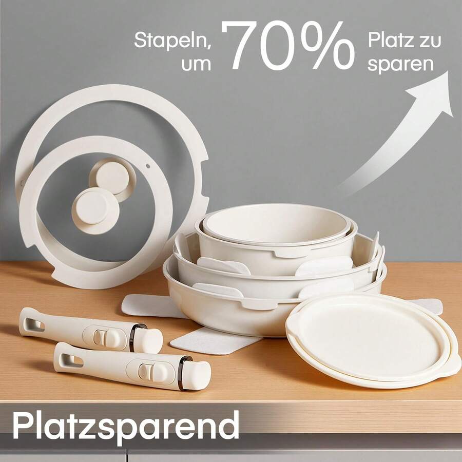 Set di pentole con manico rimovibile, set di pentole e padelle in ceramica antiaderente, set di pentole da 16 pezzi, set di pentole, set di pentole da cucina, adatto al forno, per tutti i tipi di fornello, impilabile - Bianco - Visualizzare 1