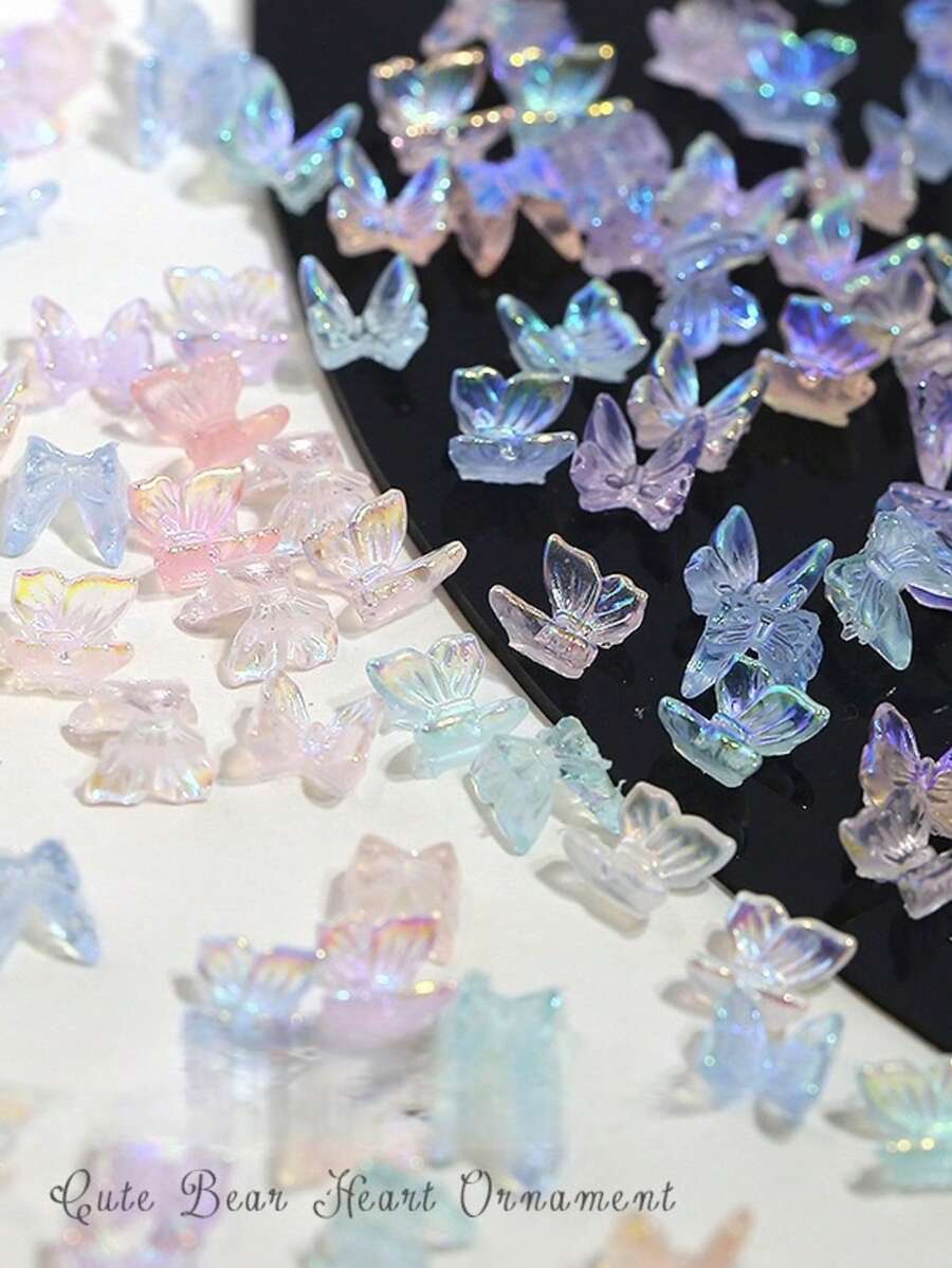 50pcs Aurora Butterfly Nail Art Decorations, Suitable For Spring/Summer, Delicate Butterfly Design For Nail Decoration, Japanese Style DIY Butterfly Nail Decor, Translucent Iridescent 3D Resin Butterfly Accessories, Assorted Colors Nail Charms - Multicolor - View 1