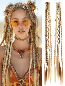 女士夹式编织接发：20英寸波西米亚风串珠辫子，2片装合成纤维编织发片，适合角色扮演和日常佩戴，深巧克力棕色带铜色挑染 - 彩色 - 查看 1
