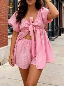 Women's 2 Piece Tie Front Puff Sleeve Cutout Loungewear Set Flowy Crop Top And Shorts Summer Beach Outfit - Hồng - Xem 3