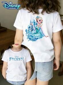 Disney Girl's Casual Double-Sided T-Shirt Elsa Frozen Castle Design Double-Sided Print - Infant And Toddler T-Shirt Design Short-Sleeved Casual Style Cute Style Comfortable And Loose Fit Suitable For Young Children Perfect For Parties And Playtime Machine Washable - 白色 - 查看 1