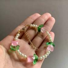 新款优雅仿珍珠郁金香项链 女士精致百合花项链手链 婚礼派对珠宝礼物 - 粉色 - 查看 3