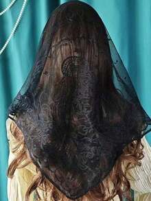 1pc Lace Floral Trim Wedding Veil Scarf, Fashion Breathable Lace Edge Church Headscarf - Cross - 查看 7
