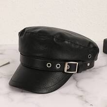 Korean-Style PU Leather Textured Flat-Top Newsboy Cap With Belt Buckle, Suitable For Outdoor Travel, Versatile And Stylish Sun-Shading Cap - màu đen - Xem 1