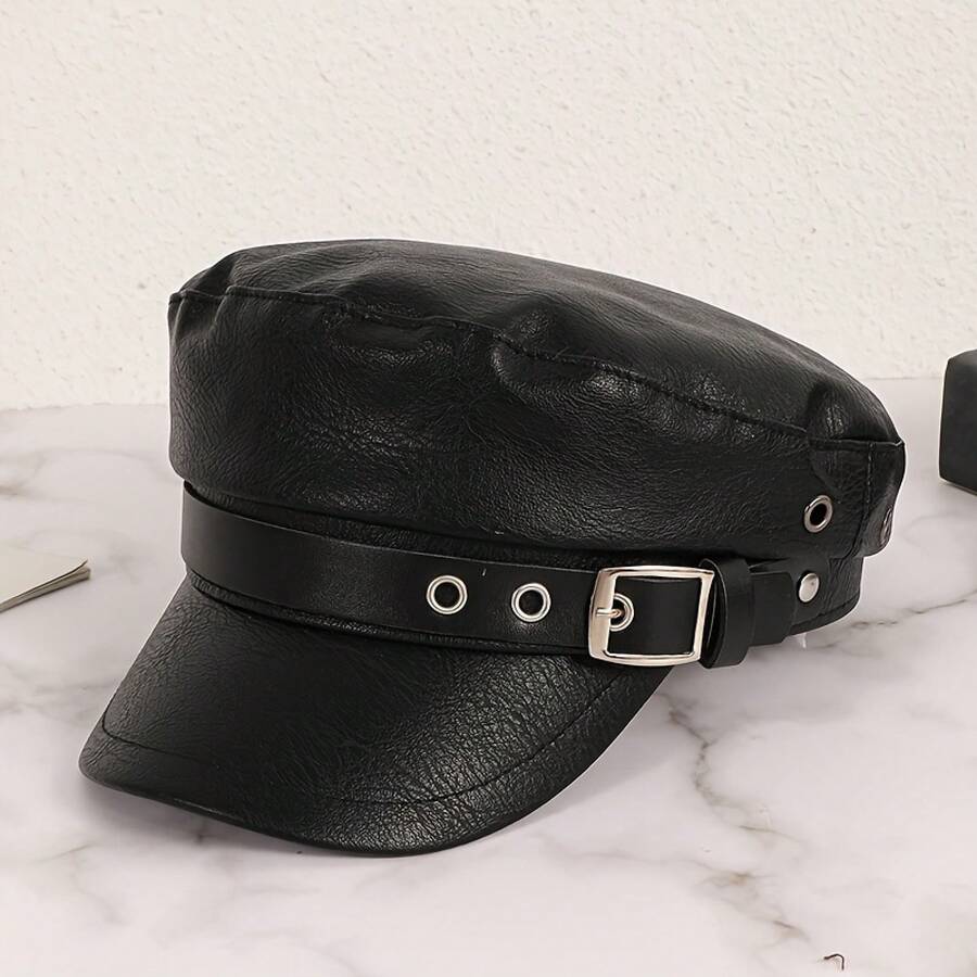 Korean-Style PU Leather Textured Flat-Top Newsboy Cap With Belt Buckle, Suitable For Outdoor Travel, Versatile And Stylish Sun-Shading Cap - màu đen - Xem 1