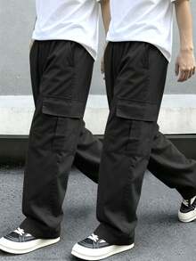 2pcs Tween Boys Casual Sports Outdoor Cargo Pants With Big Pockets, Spring/Autumn - Black - View 7