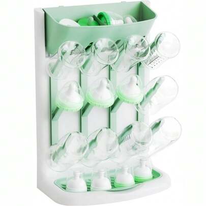 Secador Vertical de Mamadeira para Bebê, Capacidade Grande Economizadora de Espaço para Bancada ou Montagem na Parede, Suporte Compacto de Secagem de Garrafas de Vidro com Armazenamento para Bicos e Peças da Bomba, Verde
