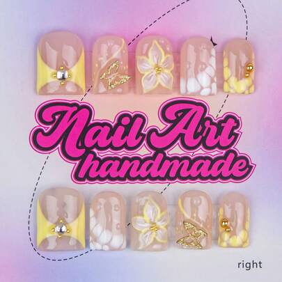 10片/套 手工方形美甲贴片，Y2K 酷炫风格，裸色和黄色法式美甲贴片，带花卉图案，适合女性和女孩，可用于派对、婚礼、日常佩戴，包含工具包，是送给女士的绝佳礼物，美甲用品，手工按压式美甲贴片