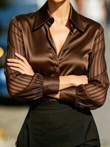 Women's Elegant Solid Color Satin Splice Sheer Sleeve Blouse, Suitable For Office, Vacation And Daily Holiday Wear, Brown Summer - Brown - View 5