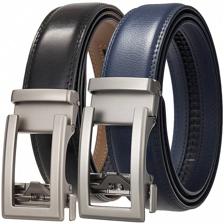 3.5cm Luxury Designer Automatic Buckle Genuine Leather Belt For Men, Blue & Black - R394 - View 1