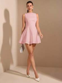 Vestido elegante de unicolor sin mangas con dobladillo con volantes y cintura elástica para citas en otoño para mujer - Rosa vieja - Ver 5