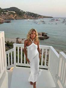 Women's Faux Pearl Decor Camisole Dress, Lace-Up Blue Loose Dress, Bohemian Style Bodycon Pencil Dress. Suitable For Beach Outings, Casual Vacation, Music Festivals, Beach Parties, And Cocktail Events Summer - 白色 - 查看 10