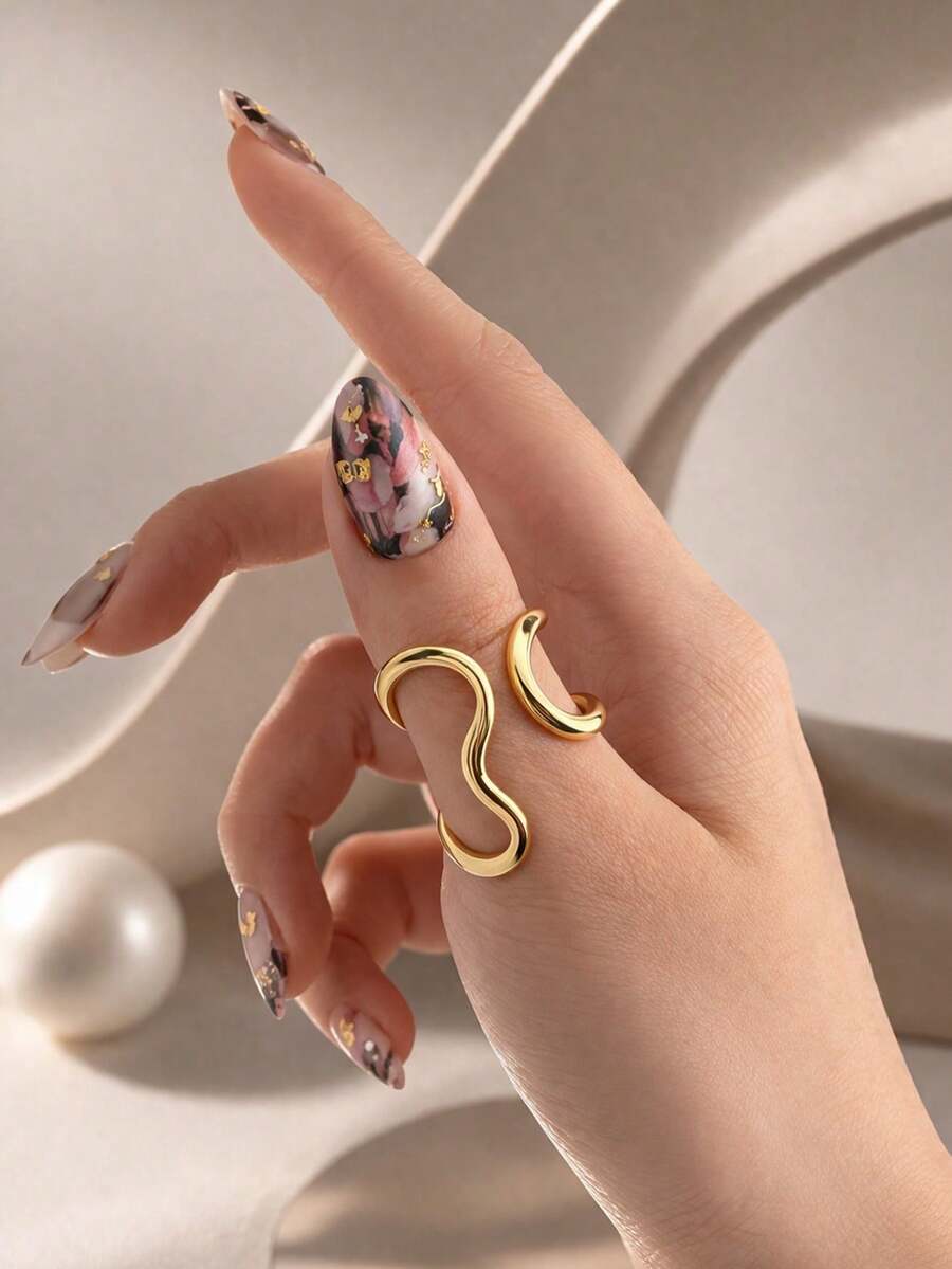 18K镀金PVD防水不锈钢几何波浪可调节开口戒指（女士款） - 波浪 - 查看 1