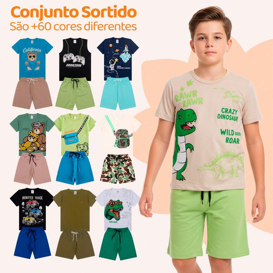 4-Piece Assorted Children's Summer Outfit For Boys - 2 Sets - Includes 2 T-Shirts + 2 Shorts - Đã in - Xem 1