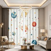 2 tấm rèm cửa hoạt hình vẽ màu nước chủ đề hệ mặt trời và thiên hà, rèm trang trí phòng, thiết kế có khe luồn thanh treo, chất liệu polyester bán trong suốt, phù hợp cho phòng khách, nhà bếp, phòng ngủ và nhiều không gian khác. - Nhiều màu - Xem 4