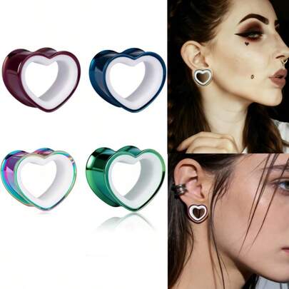 2Pcs Y2K Aesthetic Heart Shape PLA Lined Ear Tunnels Plugs, 316L Stainless Steel Hypoallergenic Piercing Gauges For Streetwear & Festival