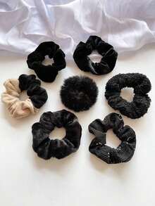 7pcs Women's Black Plush Rabbit Fur Scrunchies, Solid Color Thick Simple Elegant Hair Ties, Versatile Cute Hair Accessories Suitable For Daily Wear, Ponytail, Makeup Matching, Autumn/Winter, Scrunchy Hair Ties Head Accessories Elastic Band - 紅色 - 查看 2