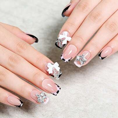 24pcs French Square Bow 3D Crystal Rhinestone Sweet Edged False Nails Set, Including 1pc Jelly Gel And 1pc Nail File, Adding Romantic Touch For Daily Dates, Creating Sweet Nails, Suitable For Daily Manicure Needs