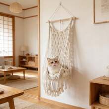 1pc Macrame Cat Hammock, Bohemian Style Hanging Cat Swing, Handmade Tasseled Cat Bed, Cat Climbing Frame Hammock Decor - Cushion Not Included - Beige - View 5