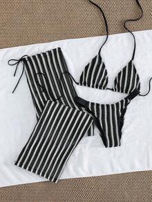 3pcs Striped Knit Bikini Set - Top + Low-Waist Bottoms + Adjustable Wide-Leg Pants| Retro Beach Vacation Swimwear Summer - Đen và trắng - Xem 5