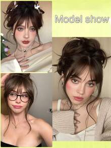 Clip In Bangs Front Neat Black Bangs Hairpiece Synthetic Fake Wig Piece Bangs Hairpiece Clip In Hair Extensions For Women Heat Resistant Bangs Synthetic Dragon Beard Two Side Bangs With Temples Hair Pieces Long Curly Wavy Hair Bangs For Daily Wear - Multicolor - View 6