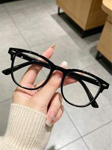 1 Pair Black Frame Glasses With Rivet Details, Street Style Transparent Lenses - A - View 7