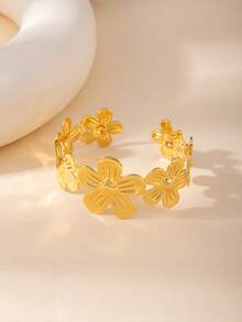 1PC Vintage Gold Tone Stainless Steel Plumeria Flower Bangle, Boho Floral Open Cuff Bracelet, Elegant Statement Jewelry For Women - Gold - View 3
