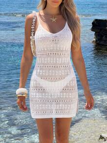 女士性感镂空透视开衩无袖吊带迷你罩衫连衣裙 - 白色 - 查看 5
