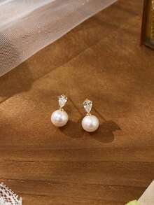 14k Gold Plated CZ Pearl Bridal Earrings, Low Allergy Gold Plated Earrings, Elegant Wedding Bride Pearl Jewelry For Women - 金色 - 查看 5