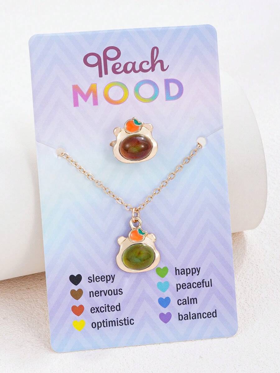 2pcs/Set Girls' Capybara, Star, Heart, Angel, Flower, Rabbit Thermochromic Pendant Necklace And Ring Jewelry Set, Friendship Gift - Multicolor - View 1