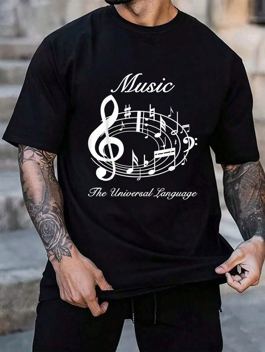 Camiseta "La música, el idioma universal" para mujeres y hombres, camiseta gráfica impresa, cuello redondo de manga corta, top casual - Negro - Ver 1