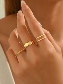 3件套金属开口戒指，简约优雅设计指节戒指，适合日常佩戴 - 金色 - 查看 2