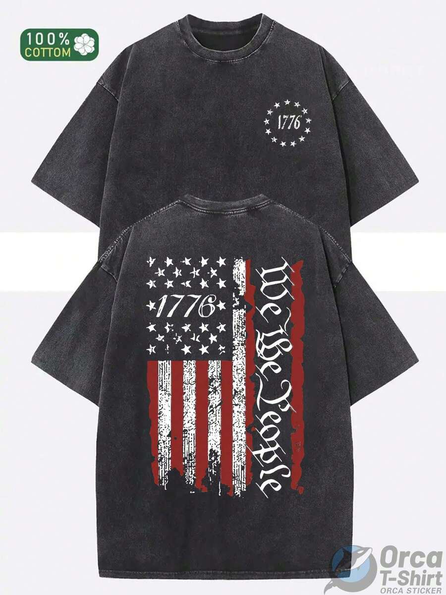 230g Heavyweight Vintage 1776 American Flag And Independence Day Patriotic T-Shirt, Unisex, Washable, Short-Sleeved, Round Neck, Machine Washable, Casual Summer Outdoor Independence Day Clothing For Men And Women, With Historical Designs On The Front And Back, Ideal For Holiday Gifts (17762024). 230g Wax Print, Loose Fit, Geometric Pattern, Suitable For Men And Women In Spring/Summer - 黑色 - 查看 1