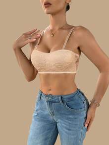 1PC French Lace Non-Strap Balconette Sexy Bras, Fixed Cup Pad, Adjustable Shoulder Straps, Uplifting And Firming, Must-Have Bras For Daily Use, One-Shoulder Invisible Bras - Apricot - View 3