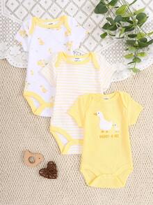 DILAVEL Ensemble de 3 pièces de body pour bébé garçon, manches courtes, printemps/été, nouveau, doux et confortable, respectueux de la peau, motif animal, vêtement d'extérieur - Jaune citron - Voir 1