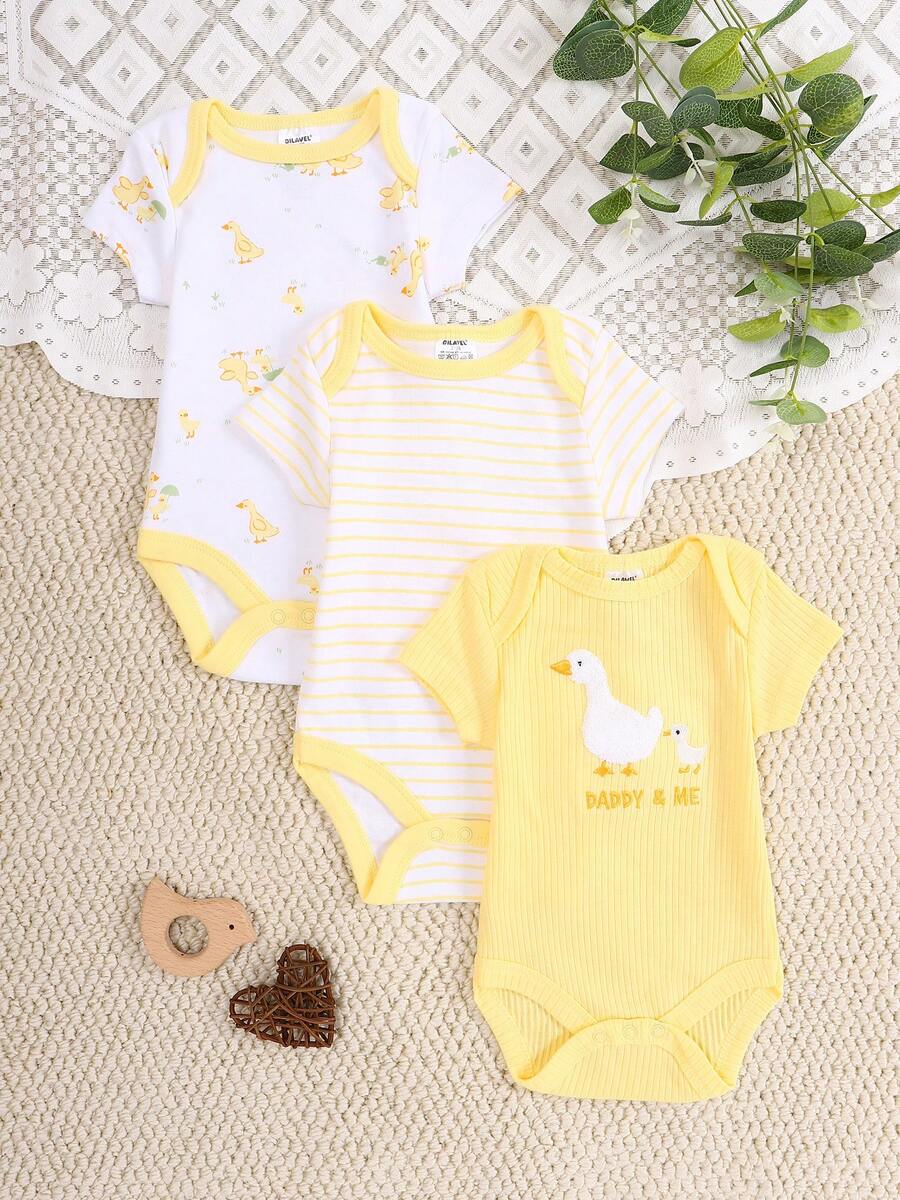 DILAVEL Ensemble de 3 pièces de body pour bébé garçon, manches courtes, printemps/été, nouveau, doux et confortable, respectueux de la peau, motif animal, vêtement d'extérieur - Jaune citron - Voir 1
