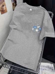 Girls' Loose Graphic T-Shirt, Hand-Painted Shell & Starfish Pattern, Bow Decor, Casual Oversized Fit, Suitable For Beach Vacation, Back To School, Summer Wear - Grey - View 2