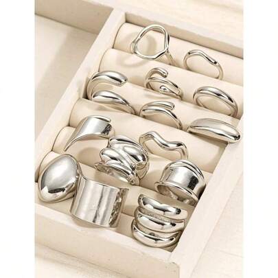 14pcs/2 Sets Fashion Minimalist Elegant Vintage Asymmetrical Geometric Liquid Thick Chunky Statement Cocktail Rings Set Gift For Holiday Beach Party Date Everyday Wear Rings For Women