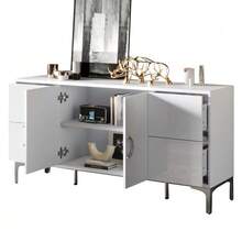 150*38*59,5cm Beistellschrank, Wohnzimmerschrank mit 4 Schubladen, 2 Schranktüren, Esszimmerschrank, Hochglanz Aparador, Ein Kommode mit Metallstützfüßen, breite grifflose Schließfächer, Weiß, MDF - Weiss - Übersicht 1