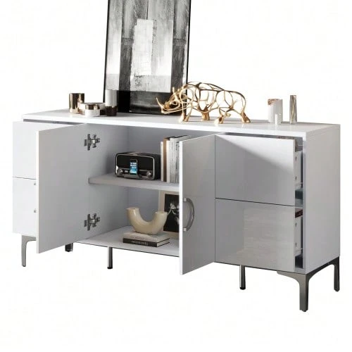 150*38*59,5cm Beistellschrank, Wohnzimmerschrank mit 4 Schubladen, 2 Schranktüren, Esszimmerschrank, Hochglanz Aparador, Ein Kommode mit Metallstützfüßen, breite grifflose Schließfächer, Weiß, MDF - Weiss - Übersicht 1